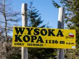 Żółta tablica informuje o szczycie Wysoka Kopa, najwyższym szczycie Gór Izerskich, na wysokości 1126 m n.p.m.