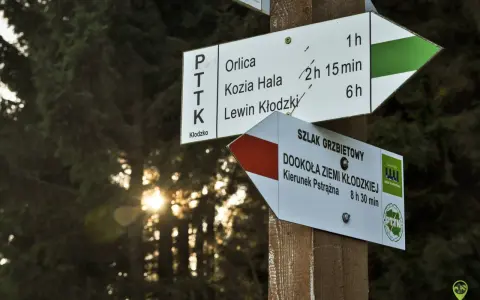 Znaki szlaku PTTK wskazują drogę na Orlicę, Kozią Halę i do Lewina Kłodzkiego. Orlica trasa jest oznaczona zieloną strzałką.