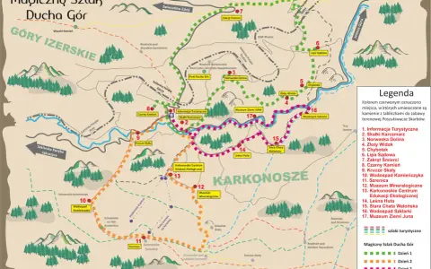 Mapa turystyczna "Magiczny Szlak Ducha Gór" z zaznaczonym szlakiem walońskim, prowadzącym przez Góry Izerskie i Karkonosze.