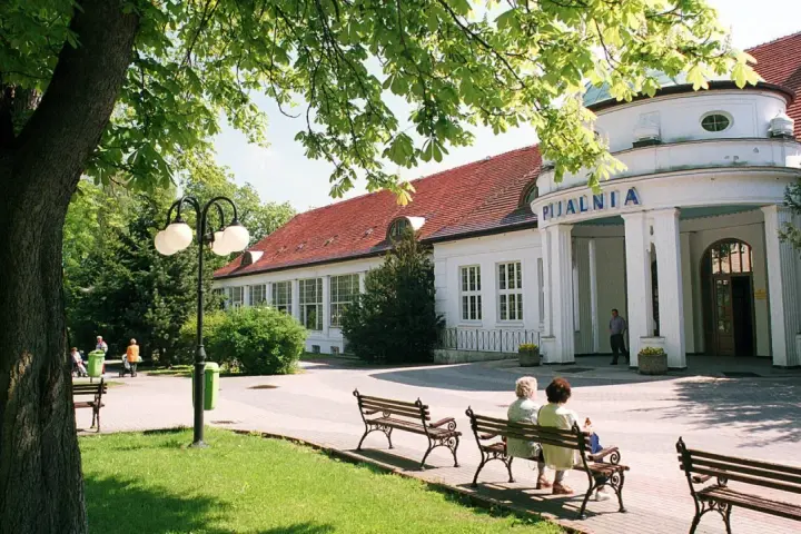 Uzdrowiska na Dolnym Śląsku: Pijalnia wód w otoczeniu zieleni, z ławkami dla kuracjuszy.