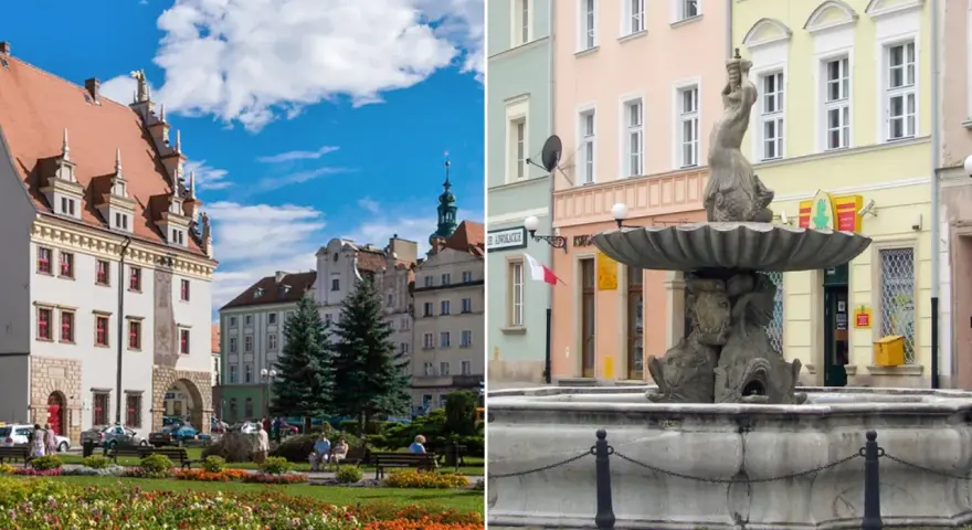 Nysa atrakcje: kolorowy rynek z fontanną i kamienicami, zielony skwer z kwiatami i ławkami.