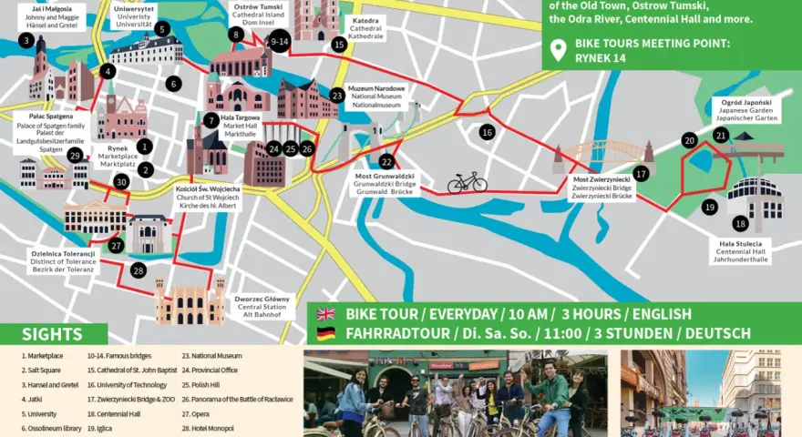 Mapa rowerowa Wrocławia z zaznaczonymi atrakcjami, w tym Rynkiem, Ostrowem Tumskim i Mostem Zwierzynieckim. Idealna do odkrywania wrocławskich atrakcji.