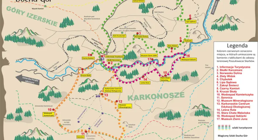 Mapa turystyczna "Magiczny Szlak Ducha Gór" z zaznaczonym szlakiem walońskim, prowadzącym przez Góry Izerskie i Karkonosze.